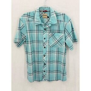 Simms Shirt Men Medium Blue Plaid Short Sleeve Button Up Fishing Stretch Outdoor